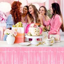 1 Pack Pink Foil Fringe Table Skirt, Pastel Color Pink/ White/ Yellow/ Green Metallic Tinsel Streamers Garland Banner Backdrop For Parade Float, Birthday, Thanksgiving, Christmas, Babyshower Party Table Decorations