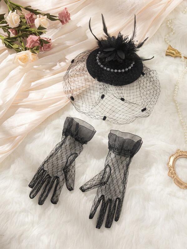 1 Set Fascinators Hats And Lace Gloves 20s 50s Hat Pillbox Hat Cocktail Tea Party Headwear With Veil For Girls And Women