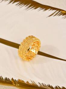 1 peça Anel com design de folha banhado a ouro 24K, estilo neutro e moderno, requintado e elegante, versátil para homens e mulheres, adequado para reuniões diárias, várias ocasiões para usar joias de alta qualidade, perfeito para presentes de Eid