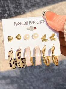 12pcs Women's Geometric Pearl Earring Set, Daily Wear - Gold - View 6