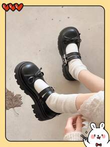 Women's Platform & Thick Sole Loafers/Black Buckle Bow Tie Small Leather Shoes, 2025 Spring New Retro Gothic Lolita Mary Jane Shoes