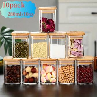 1/2/4/8/10pcs, 280ml Square High Borosilicate Glass Airtight Jars, Sugar/Cookie/Food/Spice Storage Containers With Bamboo Lids - 10oz Clear Glass Bulk Food Canister For Tea, Coffee Beans, Spices, Cereals, Oats, Kitchen Decor, Holiday/Wedding Gifts