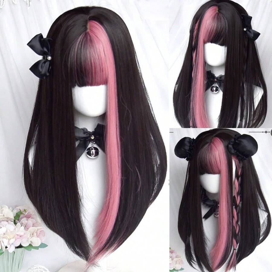 EAVIN GARY Black Mix Pink Hair Wig Long Straight Wig With Bangs Sweet Cute Lolita Wig For Party Daily Cosplay Show 22 Inches (Black Mix Pink) - S4/PINK - 查看 1