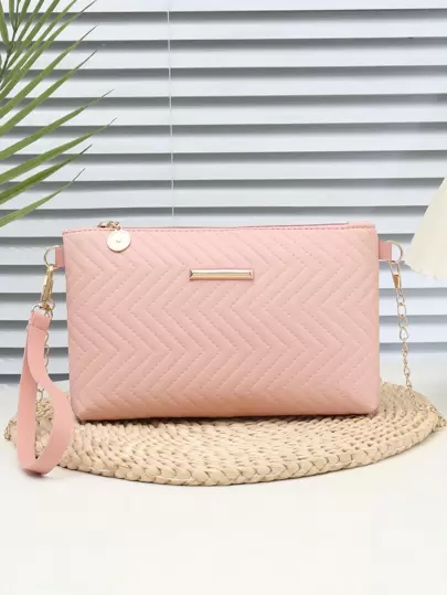 迷你 PU 波浪压纹纯色单肩手提包，配链条肩带