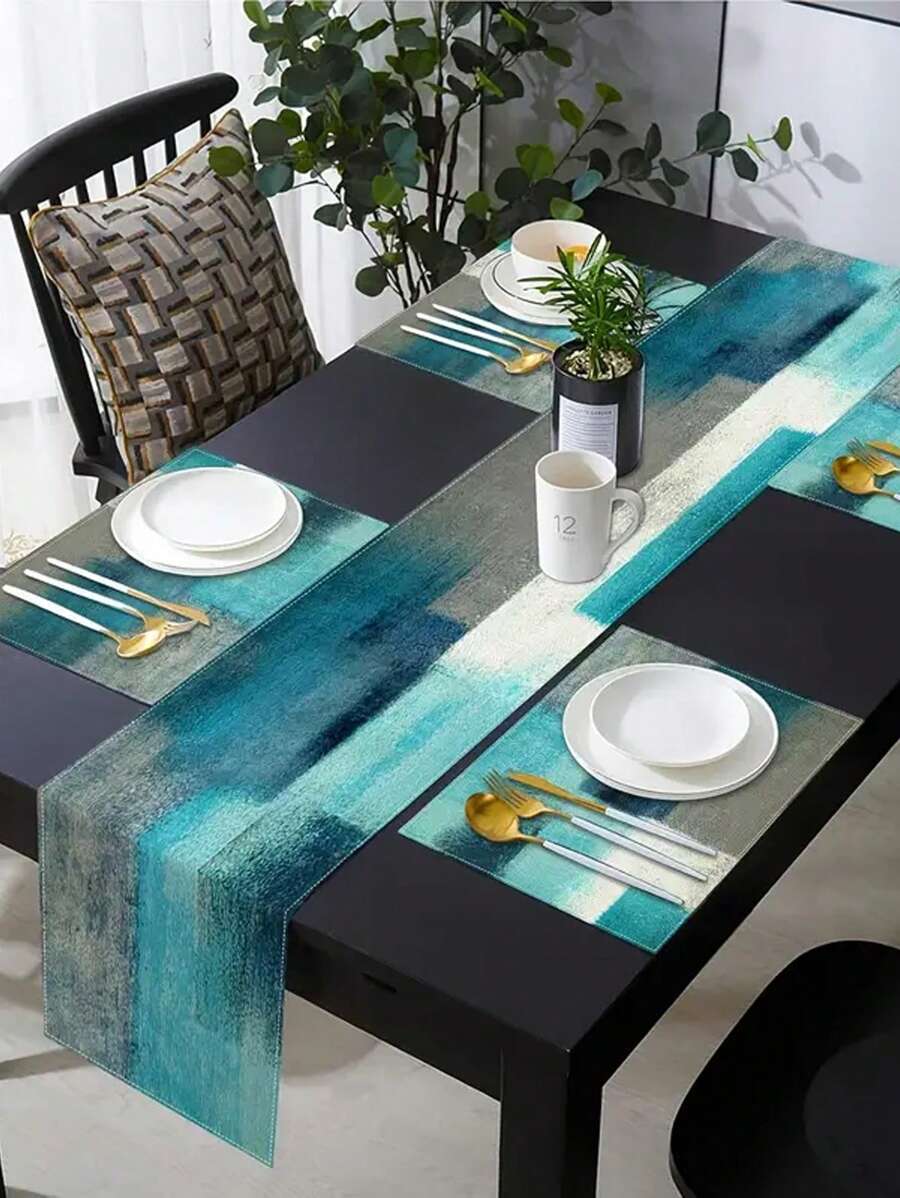 1/4/7 Placemat Table Runner, Turquoise Tablecloth, Teal, Yellow And Grey Tablecloth, Dresser Scarf, Abstract Art Table Tablecloth, Washable Rectangular Table Set Decoration, Suitable For Dining Room, Table Decoration, Wedding, Party Gathering, Daily Holiday Kitchen Banquet Table Decoration - Multicolor - View 1