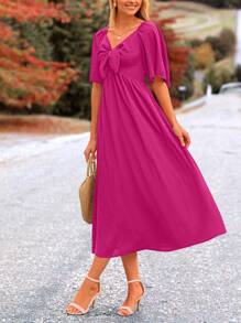 Women's Summer Dress Casual Short-Sleeved Bow Tie V-Neck Ruffled Mid-Length Elegant Flowing Dress - 玫紅色 - 查看 4
