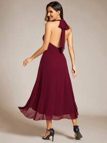 EVERPRETTY Halterneck Backless High Low Wedding Guest Dress In Chiffon, Bridesmaid Dress - Burgundy - View 2