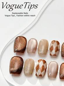 10 件/套短圆形 Xs/S/M/L 棺材奶油凝胶指甲，手工制作，可爱元素，指甲宝石和艺术，高端，美白按压指甲美甲用品指甲 - 棕色 - 查看 2
