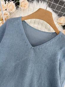 [Tops] French Elegant V-Neck Pullover Sweater For Women, Loose Casual Knitted Outerwear For Autumn/Winter