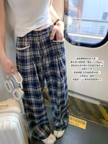 Slimming Plaid Wide Leg Pants, Drawstring Waist, Relaxed Fit, Patchwork Waistband, Straight Leg Long Trousers, Versatile