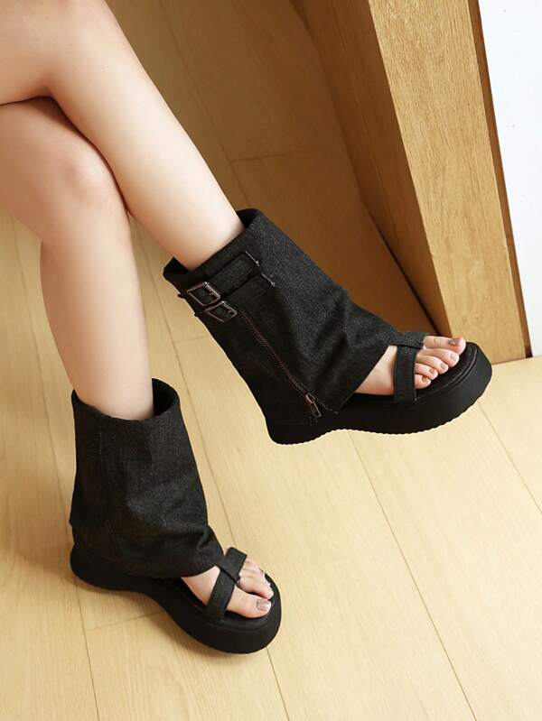 Nouvelles sandales d'été à talons ouverts à la mode, style coréen chic et sexy, bottines avec zip décoré et talon mi-haut style ajouré pour femmes