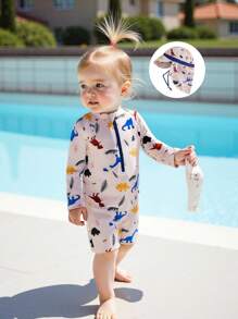 6M-4T Toddler Baby Boy Girls Dinosaur Swimsuit Half Zipper Long Sleeve Rash Guard Bathing Suit With Sun Hat With Neck Flap 2Pcs Set - Khaki - View 3
