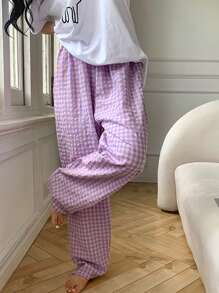 3 piezas de pantalones de pijama rectos, cómodos y holgados de estilo casual a cuadros, en colores caramelo, de algodón delgado para mujer en verano