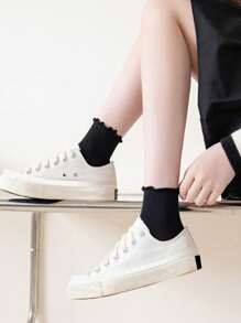 1/3/6 Pairs Women Ruffle Trim Socks, Thin Solid Color Mid-Calf Socks, Breathable Moisture-Wicking, Spring/Summer