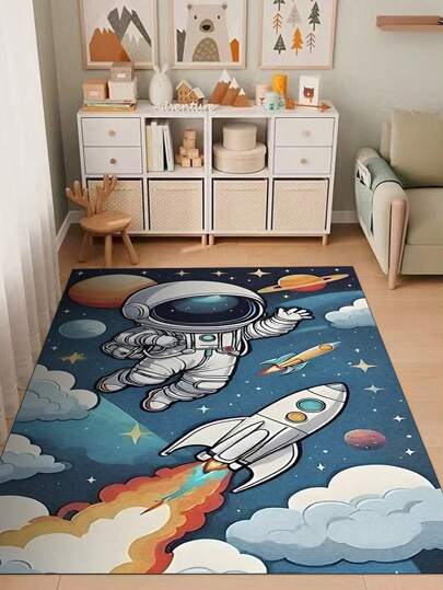 Crystal Velvet Cartoon Astronaut Rectangular Floor Mat, Suitable For Study, Living Room, Bedroom, Kitchen, Balcony And Indoor/Outdoor Use. Easy To Clean, Attractive Appearance, Space Pattern, Vibrant Colors, Adorable And Elegant Design. Carpet, Bedroom Decor, Home Decor, Room Decor, Small Rug, Blanket, Outdoor Mat, Garden Mat, Living Room Carpet