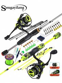 SOUGAYILANG Kit de Combo de Pesca: Caña de Spinning de 5 Secciones de Fibra de Vidrio y Carrete de Aluminio con Relación de Engranaje 5.2:1 - Carrete de Pesca Intercambiable Derecha/Izquierda con Kit de Accesorios de Pesca (Especificación de Línea de Pesca Aleatoria)