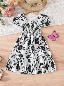European & American Style Girls Casual Leaf Printed Dress, Short Sleeve Holiday Wear Lightweight Princess Dress
