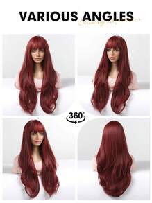 Long Curly Red Wig With Bangs - Elegant Style, Women'S Rose Net Cap, High Temperature Fiber Hair Material For Daily Party Cosplay Color Wig - Red - View 8