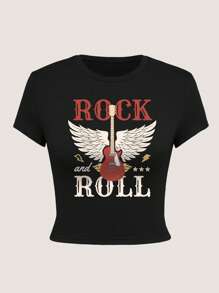 Festiwal Muzyki Rockowej, Sens Życia To Rock. Czarny Top Midriff, Gorąca Dziewczyna, Gitara Elektryczna, Wzór Gitary Elektrycznej, Odpowiedni Na Imprezę, Imprezę Muzyczną, Spotkanie, Piknik, Kemping, Odpowiednie Dla Wszystkich Wiek