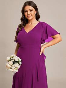 EVERPRETTY Plus Size V-Neck Asymmetric Ruffle Chiffon Bridesmaid Dress, Autumn Wedding Guest Dress - Red Violet - View 5
