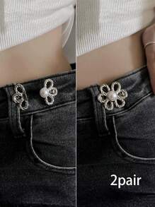 1pair Flower Pin Jeans Skirt Waist Adjuster - Waist Size Adjustable Buckle For Jeans Skirt, Prevents Pants From Slipping Down, No Need For Nails - Silver - View 13