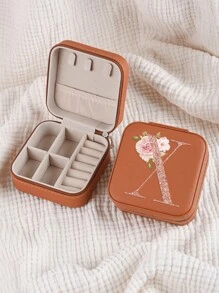 1pc Caixa de joias rosa com flores rosas, caixa de joias de viagem da moda com letras de ouro rosa, caixa de joias de viagem de presente personalizada, presentes de aniversário para mulheres, presentes de Natal para meninas adolescentes, iniciais, caixa de joias de viagem A-Z
