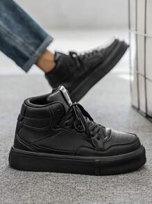 Men's Classic Black Letter Splice Lace-Up Round Toe Casual Sneakers, Streetwear High-Top Comfortable Skateboarding Shoes For Youths - Black - View 3