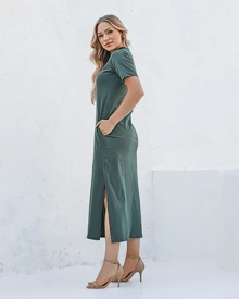 Cotton Midi Dress With SleevesSimpleCasualElegantKnitSplitPocketSide SlitStreetHome - 綠色 - 查看 3