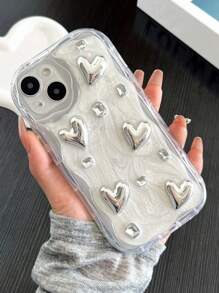 Transparent Fluid Silicone Wavy Pattern Milky White Electroplated Diamond Heart Anti-Drop Phone Protective Case Compatible With IPhone - Multicolor - View 4