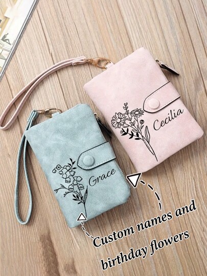 Customized Name & Birth Month Flower Women's Wallet, Multi-Card Slots Ladies Clutch Purse, Personalized Compact Coin Pouch, Gift For Valentine's Day, Mother's Day, Birthday, Back To School, Graduation, Bridesmaid, All-Purpose, Large Capacity, Versatile, Multifunction, Cute, Contracted, Funny, Kawaii, Y2K, Minimalist, Commuting, Business Casual, Basics, Custom, Girlfriend,Essential For Daily Travel