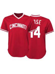 Men's Embroidery Baseball Jersey 14 Red Casual Short Sleeve V-Neck Button T-Shirts Party Sports Top