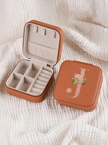 1pc Caixa de joias rosa com flores rosas, caixa de joias de viagem da moda com letras de ouro rosa, caixa de joias de viagem de presente personalizada, presentes de aniversário para mulheres, presentes de Natal para meninas adolescentes, iniciais, caixa de joias de viagem A-Z