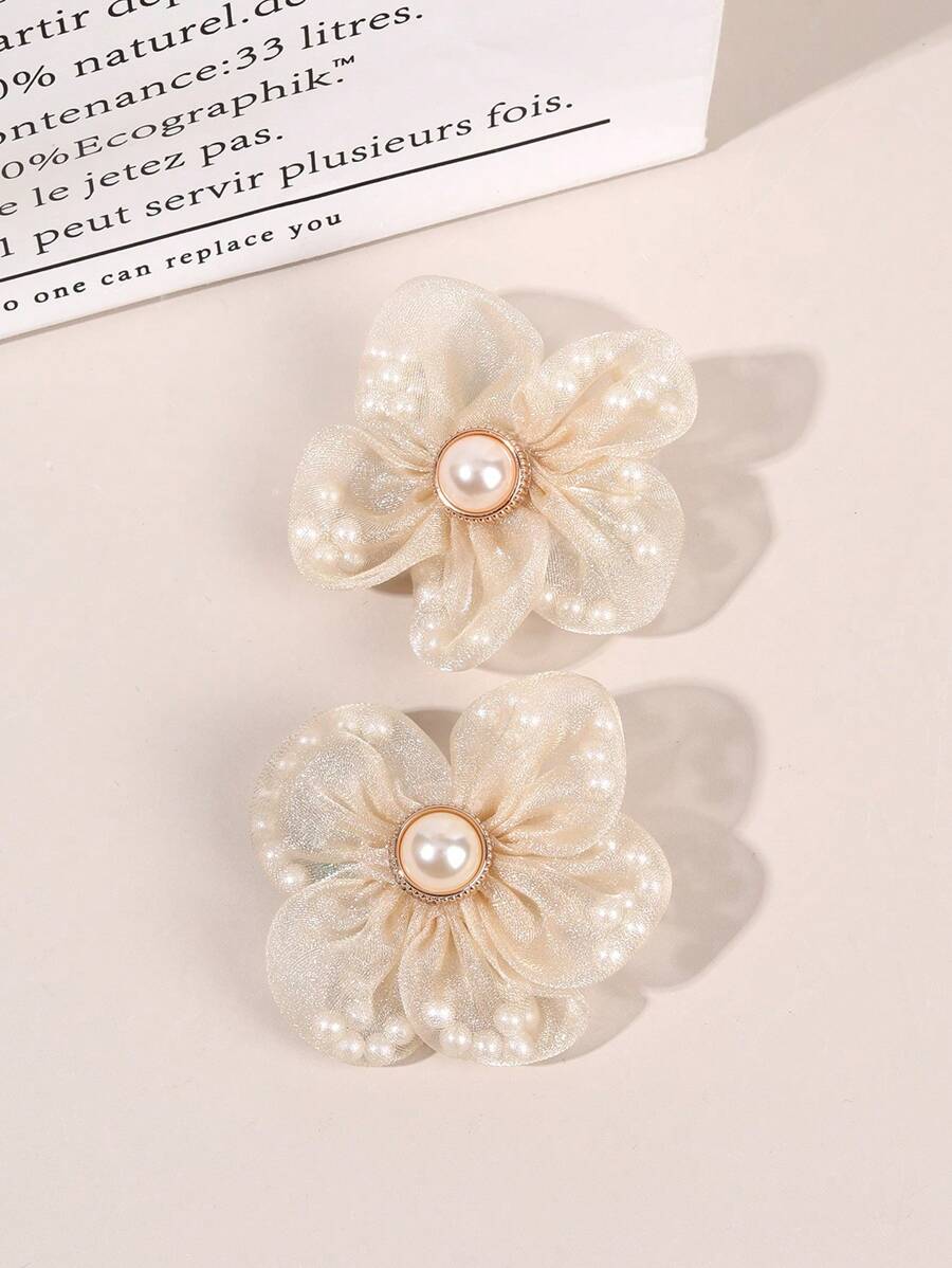 2 piezas Pinzas para el cabello con flor beige para mujeres y niñas, de unicolor con perlas, moño de malla, pinzas de cocodrilo, elegantes pinzas para el cabello con moño, accesorios para el cabello para vacaciones, bodas, fiestas y regalos