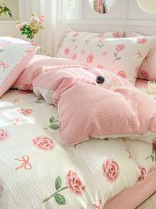 3pcs 100% Polyester Rose Floral Printed Bedding Set: 2 Pillowcases + 1 Duvet Cover - Multicolor - View 2