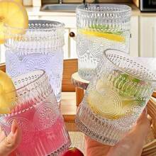 4Pcs Set Nordic Style Premium Thick Sunburst Embossed Glassware, Lead-Free Glass /Juice/Water Cups, High-End Elegance