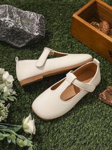 1 Pair Girl's Beige Flat Shoes, PU Material With Hook And Loop Adjustable Size Design, Round Toe, TPR Anti-Slip Comfortable Light-Weight Solid Color Dance Shoes, Suitable For Girls Aged 5-14, For School, Party, Outdoor Daily Casual Wear - Beige - View 9