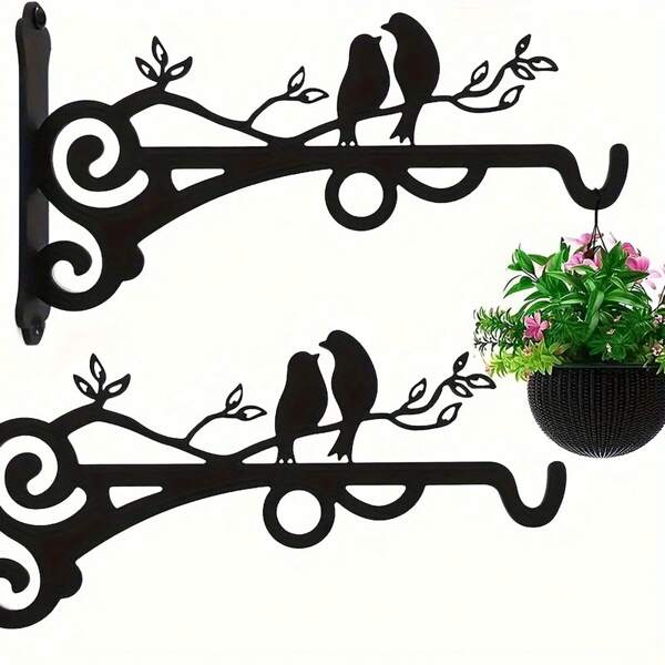 Set Of 2 Metal Plant Hangers With Bird Silhouette – Wall Hooks For Hanging Baskets, Lanterns, And Bird Feeders | Indoor & Outdoor Garden Decor | Black