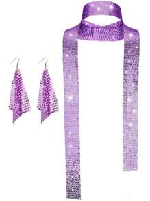 Forever & Moment 2pcs Women'S Disco Accessories From The 70s, Disco Sequin Scarf, Imitation Diamond Pendant