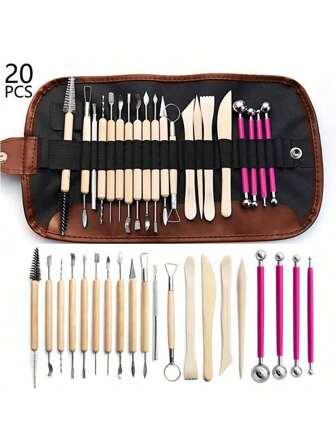Set de 20 herramientas de escultura de cerámica para modelado de arcilla, cuchillo de talla, palillo de modelado, cepillo, herramientas de conformado para manualidades y artesanía DIY