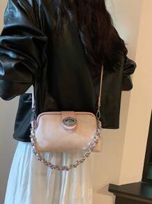 Mini Fashion Elegant Solid Color Clip Mouth Metal Chain Handle Women Handbag, Casual Minimalist Shoulder Tote Bag, Suitable For Shopping, Wallet, Cosmetic, Camera, Holiday Travel, For Fashionable, Casual, Minimalist Young Women, College Students, New Arrivals And White Collar, Applicable For Office, University, Work, Business, Commuting, Outdoor, Travel And Outings