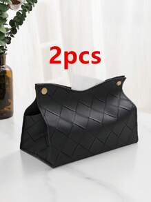 1pc/2pcs/5pcs/10pcs Solid Color Square Plaid Tissue Box, PU Leather Vertical Woven Embossed Button Tissue Paper Holder, Suitable For Bedroom, Living Room, Dining Table, Bar, Office Desk, Bathroom, Waterproof