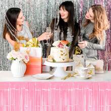 1 Pack Pink Foil Fringe Table Skirt, Pastel Color Pink/ White/ Yellow/ Green Metallic Tinsel Streamers Garland Banner Backdrop For Parade Float, Birthday, Thanksgiving, Christmas, Babyshower Party Table Decorations
