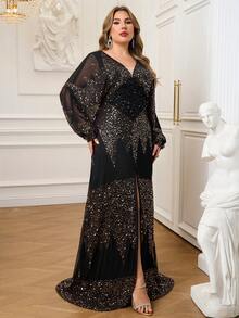 Seomiscky Middle-East Women Sexy V Neck Long Sleeve Sequin Split Party Elegant Dress - Gold - View 5