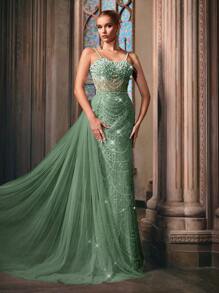 LUVISTRUE Goddess Temperament Sequins Splicing Summer Formal Dress Women Beaded Evening Gown For Charity Prom, Galas, Birthday Party, Red Carpet, Graduation Season Prom, Dinner Solid Color Spaghetti Strap Mermaid Gown Maxi Long Dresses - Mint Green - View 2