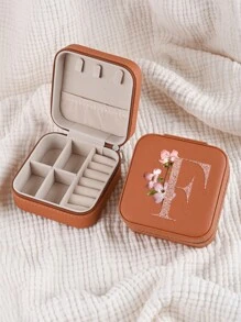 1pc Caixa de joias rosa com flores rosas, caixa de joias de viagem da moda com letras de ouro rosa, caixa de joias de viagem de presente personalizada, presentes de aniversário para mulheres, presentes de Natal para meninas adolescentes, iniciais, caixa de joias de viagem A-Z