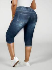 Leggings elásticos y ajustados de talla grande para mujeres, con efecto de impresión de mezclilla de Body completo, pantalones capri casuales y deportivos, cómodos y con estilo - Azul Marino - Ver 4