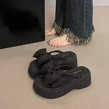 Women's Personalized Big Bow Summer Cute Versatile Platform Thick-Soled Sandals, Black - Black - View 4