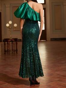 女士优雅华丽亮片装饰连衣裙，深绿色