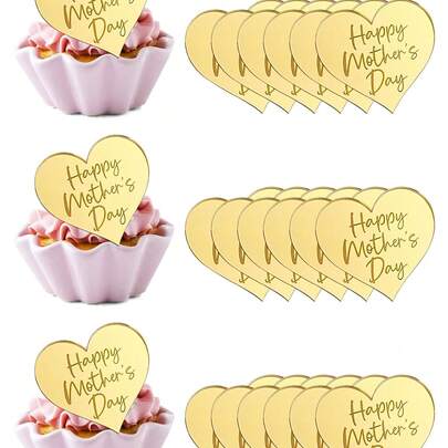 15 piezas de decoraciones para cupcakes del Día de la Madre de acrílico y dorado en forma de espejo, decoración para pasteles del Día de la Madre - Mejores decoraciones para cupcakes del Día de la Madre con corazón, amor y "Mejor mamá" para el Día de la Madre