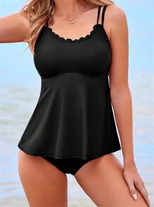 Women 2 Pieces Tankini Swimsuits Solid Color Padded Sleeveless Tank Tops And Swim Bottoms Beach Bikini Set - 黑色 - 查看 4